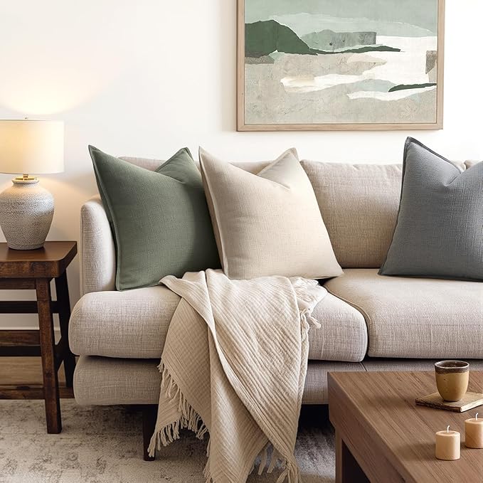 MIULEE Pack of 2 Thick Textured Couch Throw Pillow Covers, Olive Green Decorative Pillow Covers 20x20, Neutral Linen Cushion Cases for Sofa Bed Living Room Modern Farmhouse Home Decor, No Filling