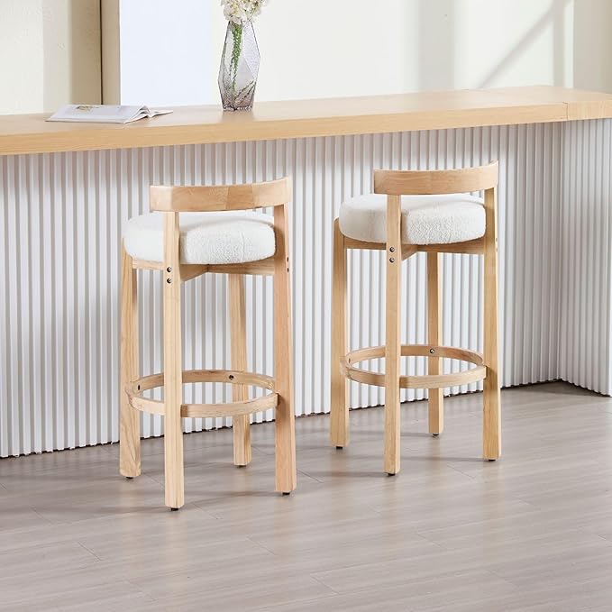 LukeAlon Mid Century Sherpa Bar Stools Set of 2, 30.25" Seat Height Upholstered Barstools with Wood Legs Modern Tall Bar Chair with Curved Low Back Round Footrest for Pub Home Kitchen Island, White
