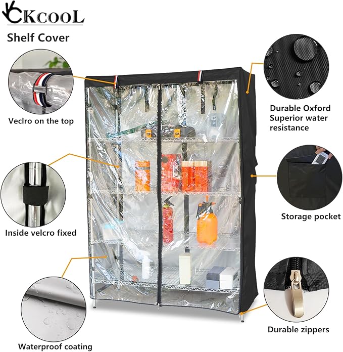 okcool Waterproof Shelf Cover,600D Heavy Duty Wire Shelving Unit Cover,Shelf Display Rack Protector Cover with Zipper,One Side See Through Panel.(Black,Fits 60" Wx24 Dx72 H Shelves)
