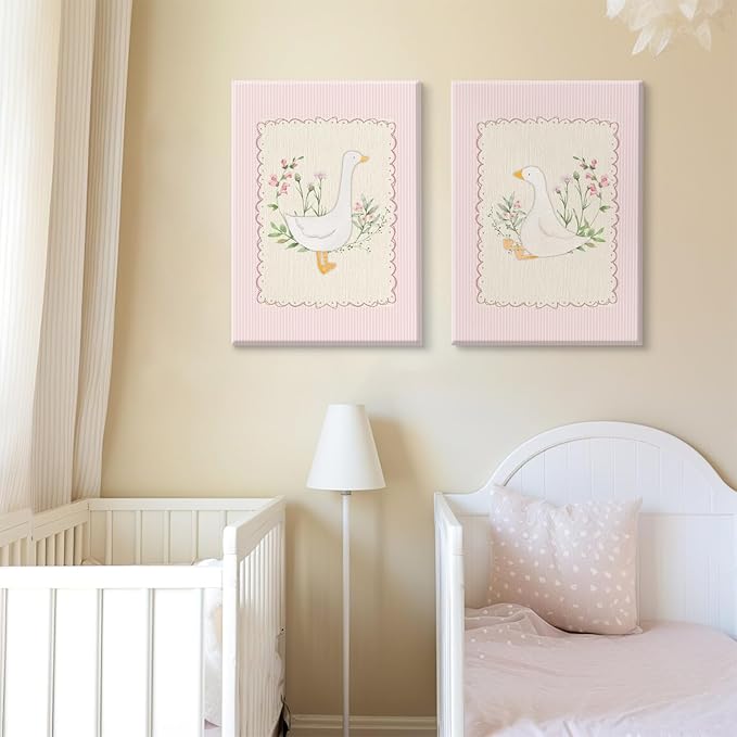 Vintage Nursery Wall Art Silly Goose Canvas Poster Pink Coquette Wall Decor Girls Room Pictures Baby Kids Poster Cute Animal Prints Floral Painting Artwork for Gallery Bedroom 12x16 Inch Ready to Hang