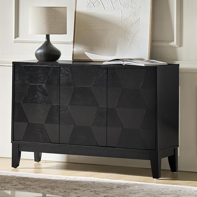 HULALA HOME Modern Kitchen Buffet Cabinet Storage Sideboard with 3D Geometric Design, Freestanding Floor Cabinet with 3 Doors & 2 Adjustable Interior Shelves for Living Room Dining Room Hallway, Black