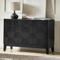 HULALA HOME Modern Kitchen Buffet Cabinet Storage Sideboard with 3D Geometric Design, Freestanding Floor Cabinet with 3 Doors & 2 Adjustable Interior Shelves for Living Room Dining Room Hallway, Black