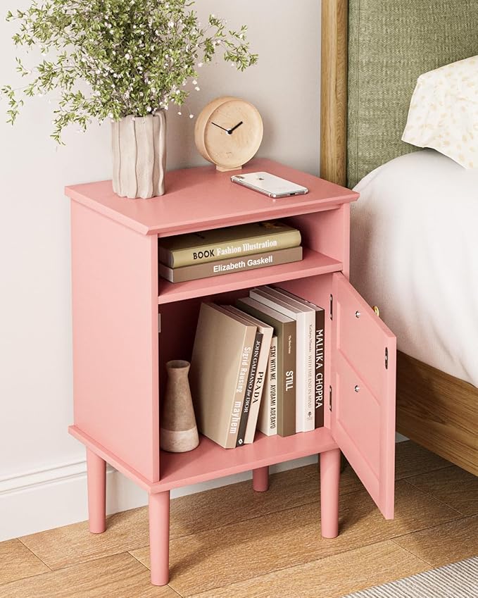 Nightstand, Boho Night Stand with 1 Drawers, Modern Side Accent Table with Open Shelf, Wooden Top Bedside End Table for Bedroom, Living Room, Pink