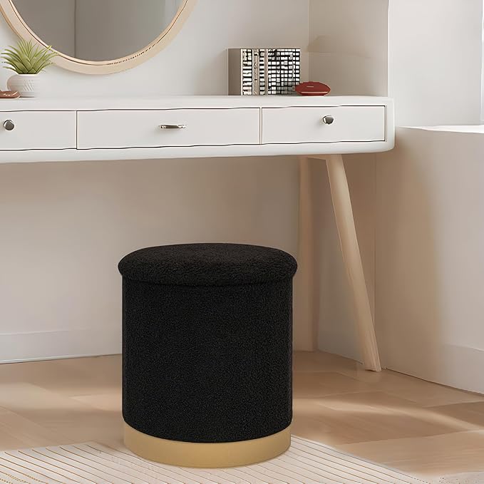 B FSOBEIIALEO Ottoman with Stroage, Round Boucle Storage Ottoman with Gold Plating Base,Foot Rest Stool for Dorm Room, Living Room Black, 14.76"x14.76"x16.34"