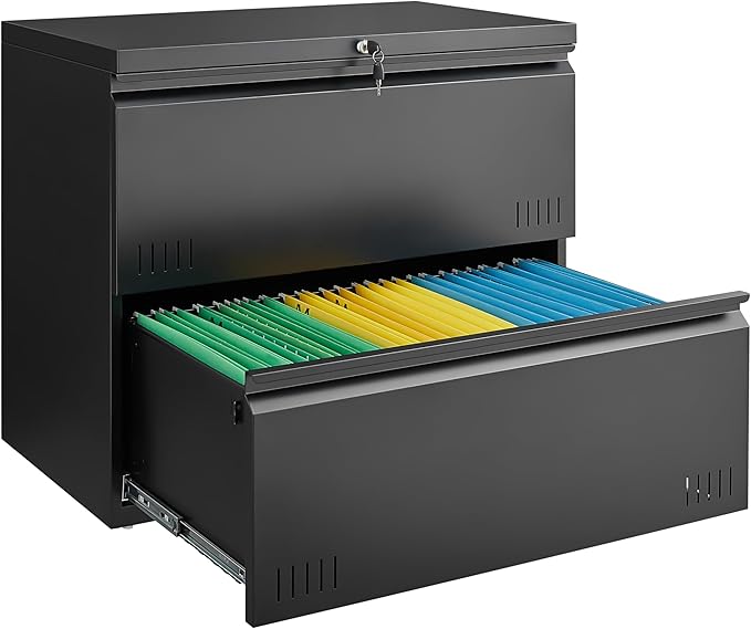 Guizeeopo Metal File Cabinet with Lock, 2 Drawer Lateral File Cabinets for Home Office, Printer Stand, Heavy Duty Office Storage Cabinet for A4/Letter/Legal Size, Assembly Required(Black)