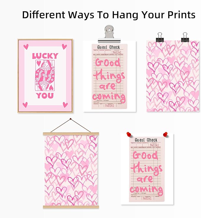 Lucky You Pink Wall Art Guest Check Preppy Wall Decor Trendy Aesthetic Canvas Wall Art Funky Retro Poster Hearts Cute Picture Prints Inspirational Artwork for Room Bedroom 16x24 Inch Unframed Set of 3