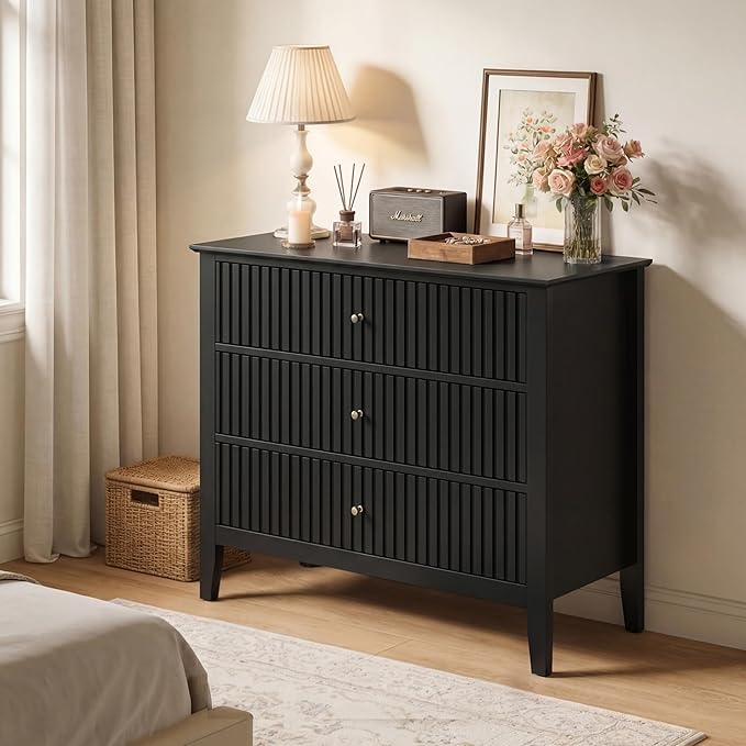 RoyalCraft Large 3 Drawer Dresser Set of 2, Fluted Chest of Drawers with Storage, Modern Painted 30 inch Tall Nightstand for Bedroom Living Room Entryway, Black