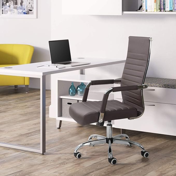 Furmax Ergonomic Office Desk Chair, Executive Ribbed Mid-Back PU Leather Conference Room Chair Adjustable Swivel Chair with Arms (2, Brown)