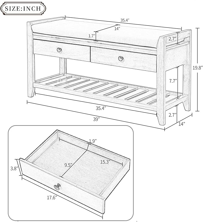 LUMISOL Storage Bench, Shoe Rack with Upholstered Seat and 2 Drawers, Solid Wood Entryway Storage Bench with Shoe Rack for Entryway, Living Room, Bedroom, Espresso