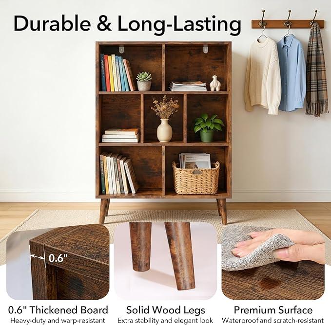 DUMOS Bookshelf, 7 Cube Storage Organizer with Legs, 3-Tier Modern Wooden Bookcase, Open Standing Display Shelf for Living Room, Bedroom, Office, Retro Brown