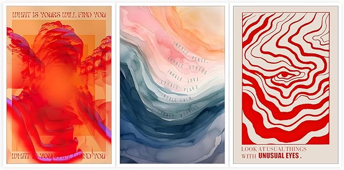 wanyun Vintage Mental Health Meditation Wall Art Set of 3, Odd Hippie Psychedelic Canvas Prints Poster, Inspirational Quotes Wall Decor Picture for Office Bedroom Living Room 12x16 Inch Unframed