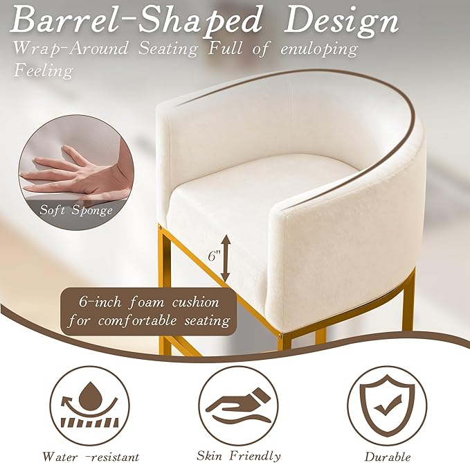 Modern Counter Height Bar Stools,Bar Stools Set of 4,Velvet Fabric Upholstered Barrel Barstools with Backs,26'' Kitchen Island Chairs,Metal Gold Frames,Beige White Velvet
