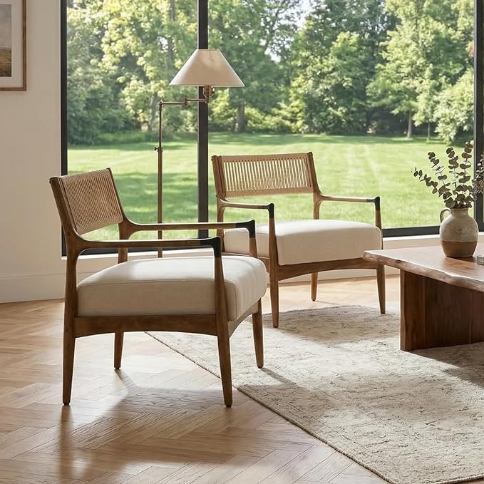 Ya-Home Mid-Century Modern Accent Chair with Woven Rope Back, Upholstered Linen Fabric Armchair with Solid Wood Frame for Living Room Bedroom, 1PC, Beige
