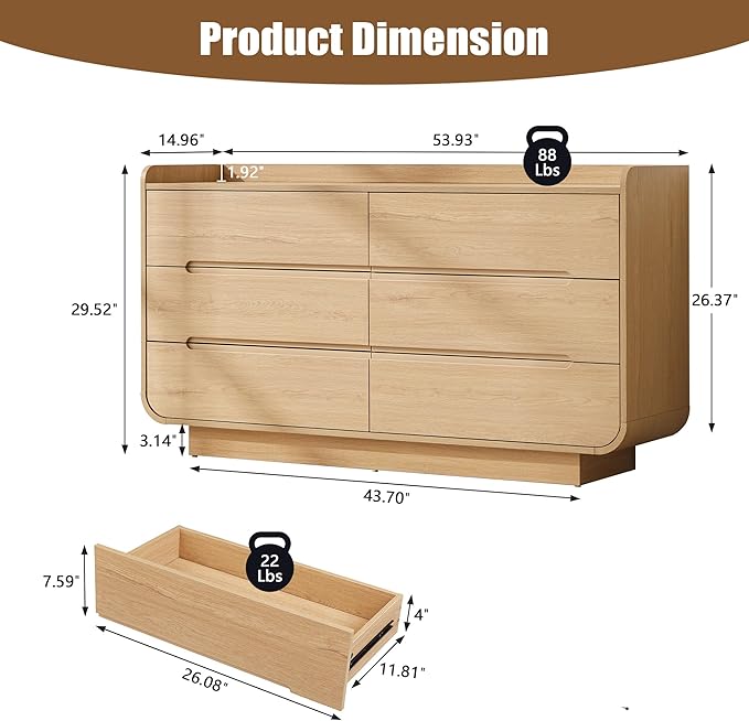 Curved 6 Drawer Dresser for Bedroom, Modern 53-Inch Chest of Drawers, Wood Storage Dresser Organizers with Hidden Handles, 6 Drawer Dressers for Bedroom, Nursery, Living Room, Natural