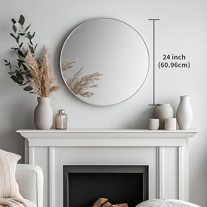 Oruii Silver Round Mirror, Silver Round Mirror 24 inch, Circle Bathroom Mirrors Metal Frame, Nickel Circle Mirrors for Wall, Over Sink, Bathroom, Living Room, Vanity, (Chrome)