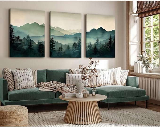 Mountain Wall Art Decor Set of 3 Sage Green Forest Canvas Wall Art Prints Nature Landscape Wall Decor Watercolor Pine Tree Pictures Abstract Modern Painting for Living Room Bedroom 24x36 Inch Framed