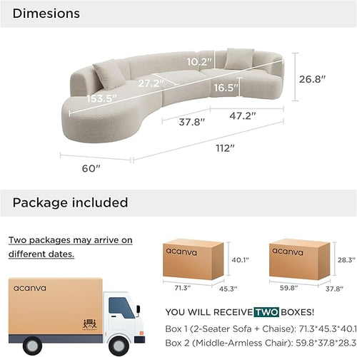 Acanva Modern Curved Sectional Living Room Couch, Minimalist Comfy Boucle Fabric Modular Sofa for Apartment, Home Office, 153" W Left Hand Facing, White