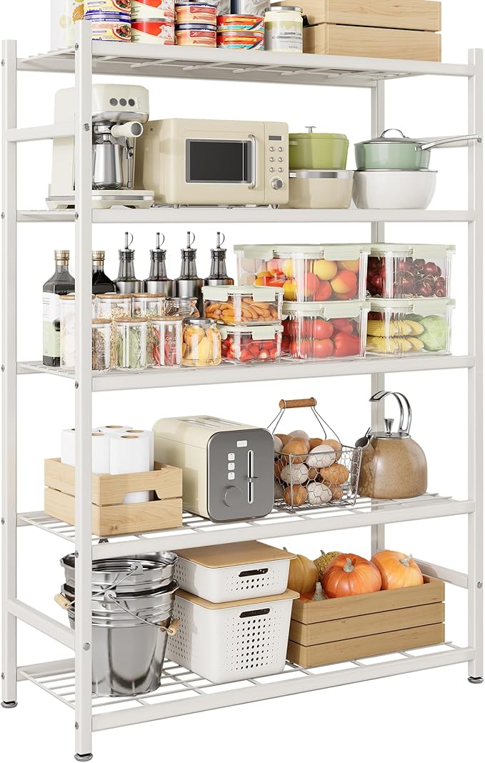 Storage Shelves, 5-Tier Metal Shelving Unit with Adjustable Feet, Shelf Organizer for Garage, Kitchen, Pantry and Closet Organization, 36.4" x 11.8" x 68.3", White