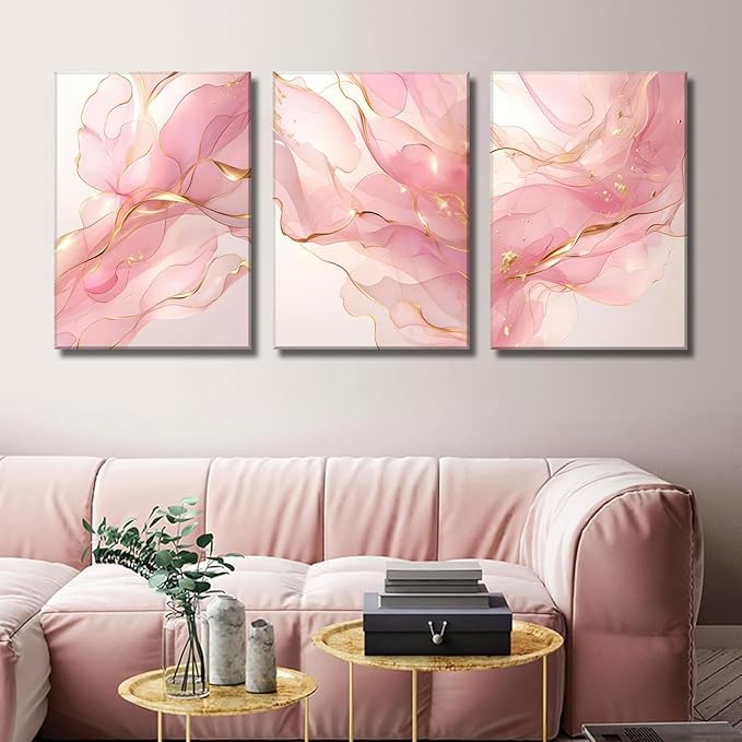 Pink Marble Abstract Canvas Wall Art Pink and Gold Abstract Marble Wall Decor Pictures Neutral Modern Minimalist Posters Prints for Living Room Bedroom Home Decoration 16x24in