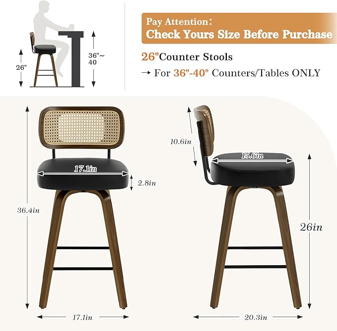 Bekrvio Swivel Counter Height Bar Stools Set of 4, Upholstered Faux Leather Barstools with Rattan Back, 26" Seat Height Bar Chairs for Kitchen Island, Bentwood Wood Frame, Black