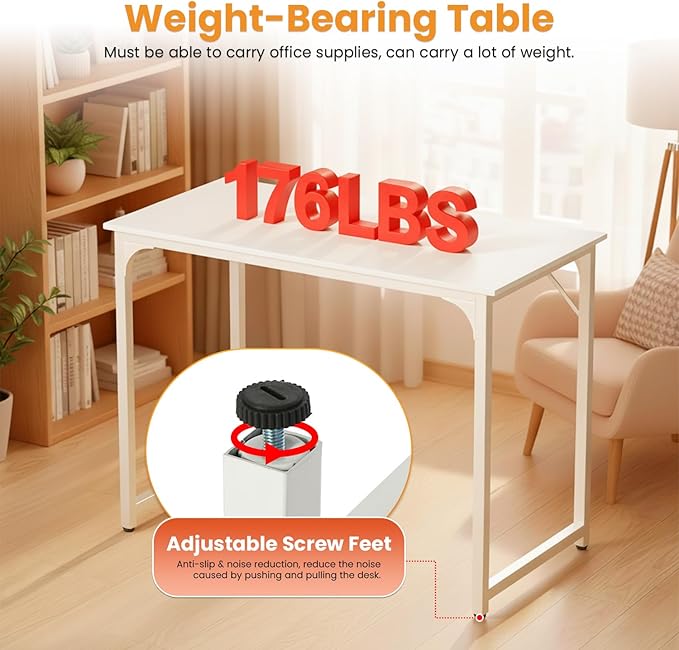 PayLessHere | 32 Inch Computer Desk | White | Office Desk with Metal Frame, Adjustable Feet | Water-Resistant, Scratchproof Surface | Sturdy Writing Table for Home Office or Study | Pack of 1