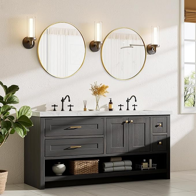 Bathroom Mirror for Wall, 24 Inch Round Mirror, Matte Gold Metal Framed Circle Vanity Mirror for Bathroom Bedroom Living Room Entryway, Anti-Rust, Tempered Glass, Hanging or Leaning