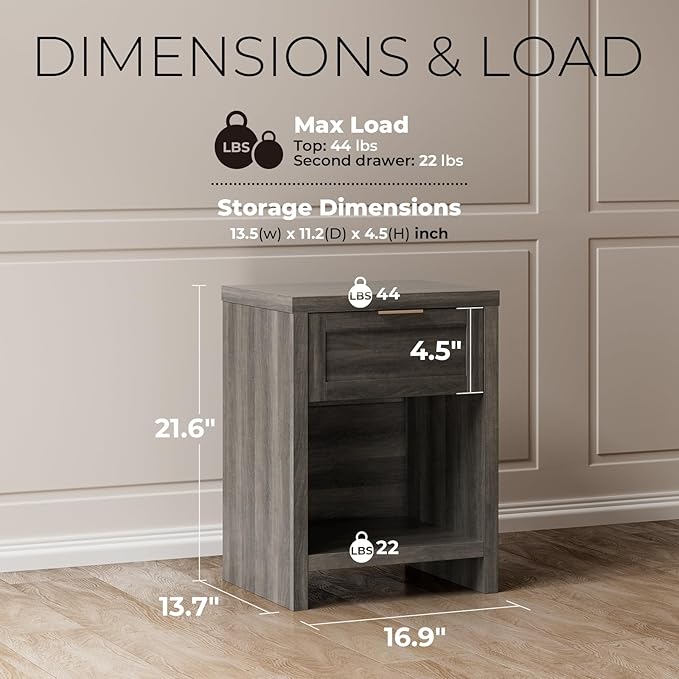 Walsham Natural Nightstand Set of 2 Modern Bedside Tables with Drawer and Storage Shelf Farmhouse Side End Tables for Bedroom Sofa, (Black Oak, 2 Set)