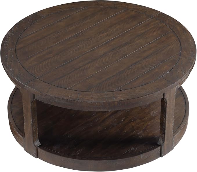 WILLIAMSPACE 40" Round Coffee Table with Wheels, Circle 2 Tier Solid Wood Center Coffee Table, Mid Century Retro Farmhouse Rounded End Table for Living Room Apartment, ø40 x 17.52" H (Dark Brown)