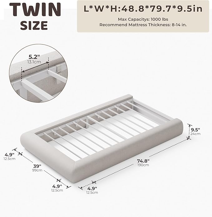 RECCI AirFrame Half-Moon Upholstered Twin Platform Bed Frame, Velvet Curved Arched Base, 5 Inch Fully Round Cushioned Foam, No Box Spring Needed, Easy Assembly | Round Shaped, Boucle, Low-profile, Soft