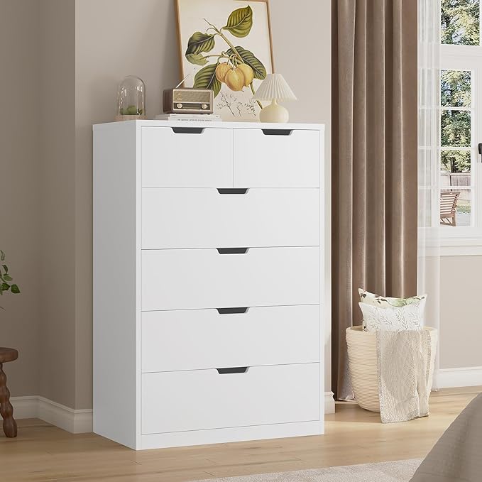 HAUOMS Tall 6 Drawer Dresser, White Modern Chest of Drawers for Bedroom,Closet Dressers with Drawers for Living Room, Entryway, Hallway