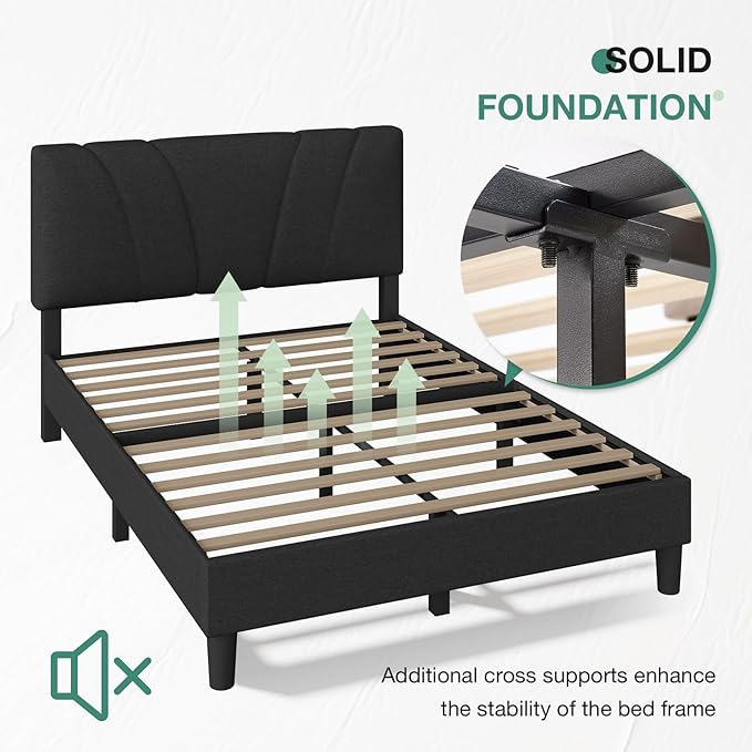 Novilla Full Size Bed Frame with Adjustable Headboard Platform Full Bed Frame with Linen Upholstered Headboard, No Box Spring Needed, Noise-Free, Easy Assembly, Dark Grey