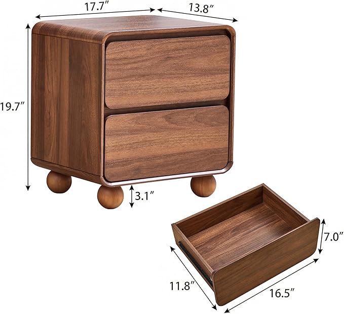 Small Night Stand Set of 2, Mid Century Modern Nightstands with 2 Drawers and Solid Wood Legs, 2 Drawer Dresser Curved Profile Design End Table Side Table for Small Space, Dorm, Bedroom(Walnut)