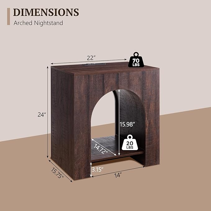 Arched End Table Set of 2 with Type-C Charging Station, 22" Modern Bedroom NightStand with Arched Shelf, Side Table with Outlet, USB, Type-C Port for Bedroom, Brown