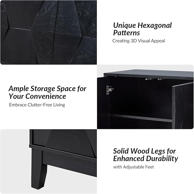 HULALA HOME Modern Kitchen Buffet Cabinet Storage Sideboard with 3D Geometric Design, Freestanding Floor Cabinet with 3 Doors & 2 Adjustable Interior Shelves for Living Room Dining Room Hallway, Black