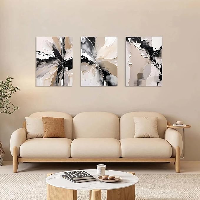 3 Piece Wall Art Framed Canvas Wall Art Modern Abstract Neutral Black White Beige Paint Splash Pictures Wall Decor for Living Room Bedroom Office Wal Decor Room Decor with Hooks and Nails 12x16 Inch