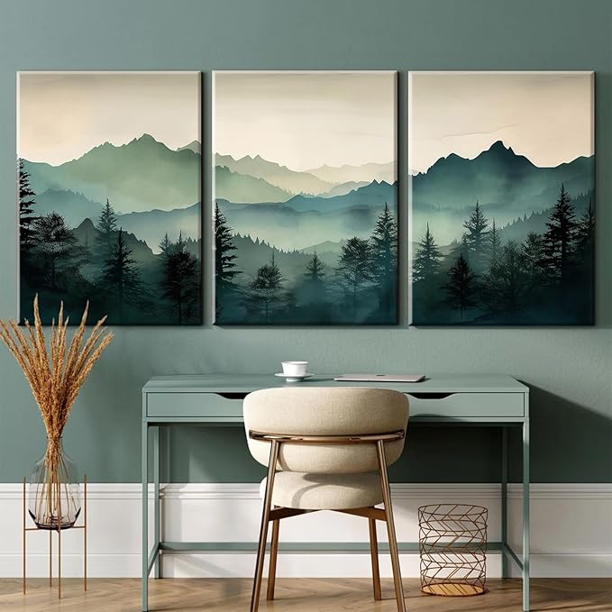 Mountain Wall Art Decor Set of 3 Sage Green Forest Canvas Wall Art Prints Nature Landscape Wall Decor Watercolor Pine Tree Pictures Abstract Modern Painting for Living Room Bedroom 16x24 Inch Framed