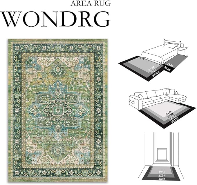 9x12 Washable Vintage Area Rug Green Oriental Living Room Bedroom Throw Rug Neutral Non Slip Soft Low Pile Carpet for Dining Room Office Nursery Indoor