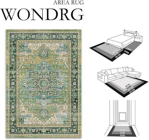 9x12 Washable Vintage Area Rug Green Oriental Living Room Bedroom Throw Rug Neutral Non Slip Soft Low Pile Carpet for Dining Room Office Nursery Indoor