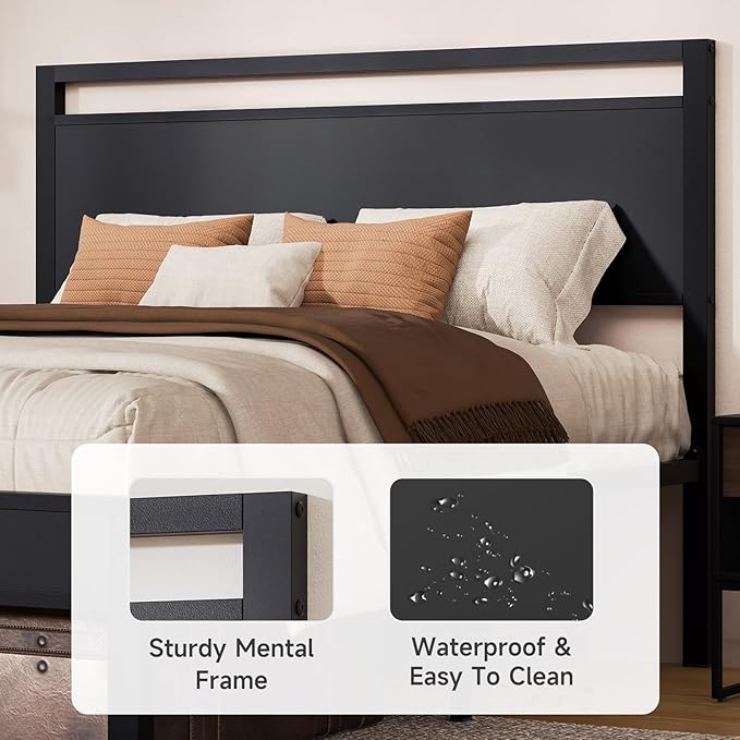 Easy to Assemble Queen Bed Frame with Wood Headboard & Footboard, Tool-Free Metal Platform Bed Frame, Upgraded Heavy Duty Sturdy Foundation, No Noise, No Box Spring Needed,Large Under Storage, Black