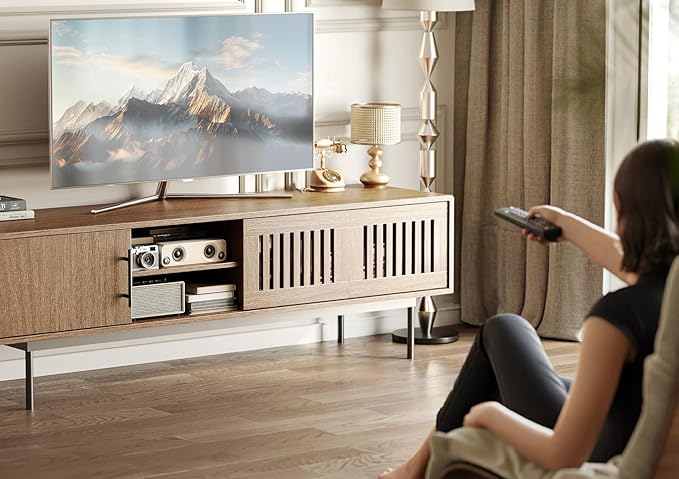 Claiks Mid Century Modern TV Stand for TV up to 70 inch, Entertainment Center with Sliding Barn Doors & Adjustable Shelve, Retro Low Profile Media Console TV Table for Living Room, Walnut