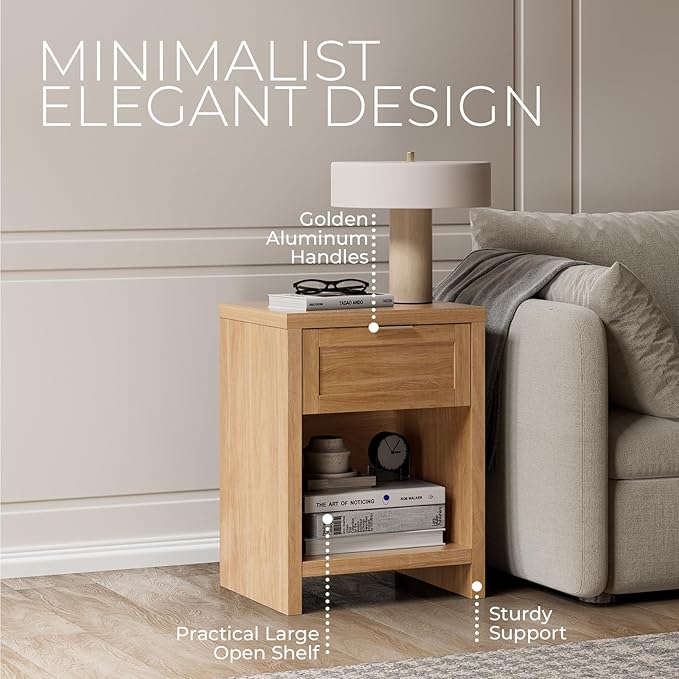 Walsham Natural Nightstands Set 2, Boho Bed Side Table for Living Room, Minimalist Night Stand with Drawer and Storage Shelf - Farmhouse End Tables for Bedroom (Weathered Oak, 2 Set)