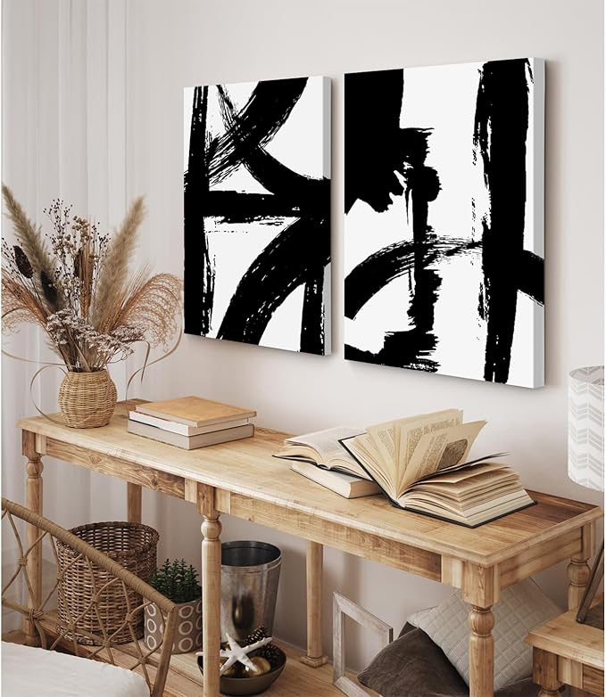 Black and White Wall Art Abstract Modern Painting Minimalist Line Canvas Wall Art Decor Black And White Poster Abstract Artwork Prints for Living Room Bedroom 12x16 Inch Wrapped Canvas Set of 2