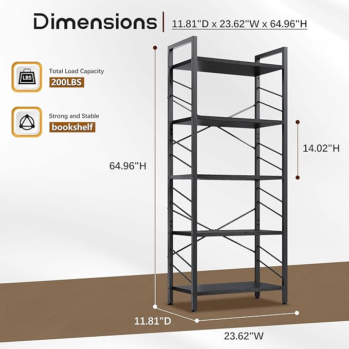 DurayLoly 5 Tier Bookshelf, Industrial Tall Bookcase, Modern Display Book Shelf with Metal Frame and Sidebars for Bedroom, Living Room and Home Office, Black