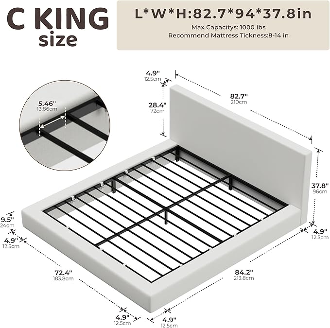 RECCI AirFrame California King Bed Frame with Headboard, Cloud Upholstered Platform Bed Frame, 5 Inch Foam Cushioned, No Box Spring, Easy Assembly(Snow White)