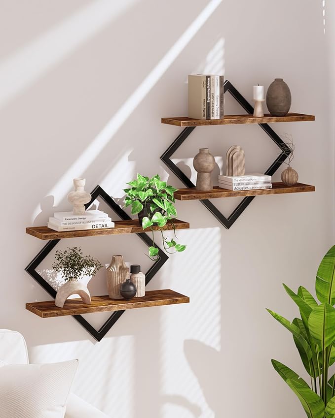 CHOEZON Floating Shelves, Set of 2 Wall Shelves, 2-Tier Hanging Shelves, Wall Shelf Set of 2, Wall Mounted Shelves, for Living Room, Bedroom, Kitchen, Office, Study, Rustic Brown TBJ01P2BF