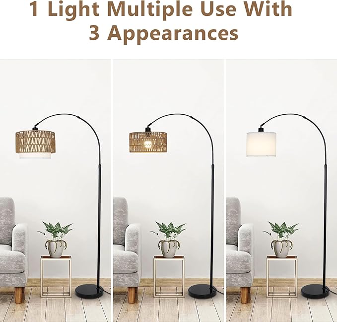 eyassi Arc Floor Lamp with Remote, Modern LED Floor Lamp with Dimmable Bulb, Boho Farmhouse Standing lamp with Fabric & Rattan Lampshades, Height Adjustable Black Tall Lamp for Living Room Bedroom