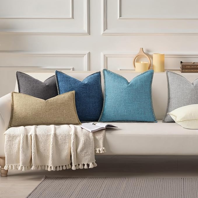 decorUhome Summer Decorative Throw Pillow Covers 16x16 Set of 2 Square Faux Linen Farmhouse Pillow Covers with Stitched Edge Outdoor Pillow Covers for Couch Sofa Living Room, Teal