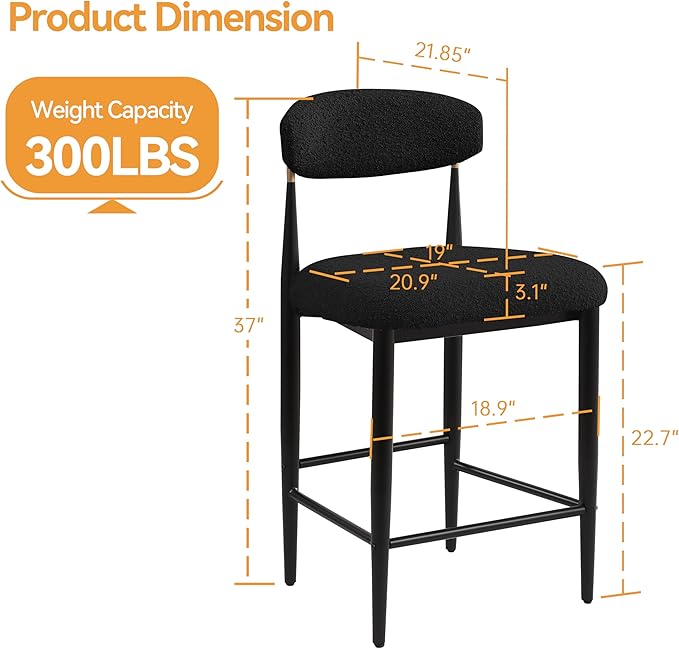 Morden Fort Modern Counter Height Bar Stools Set of 4, Black Upholstered Counter Stools with Gold Accent, 26" Boucle Island Chairs for Kitchen and Home Bar