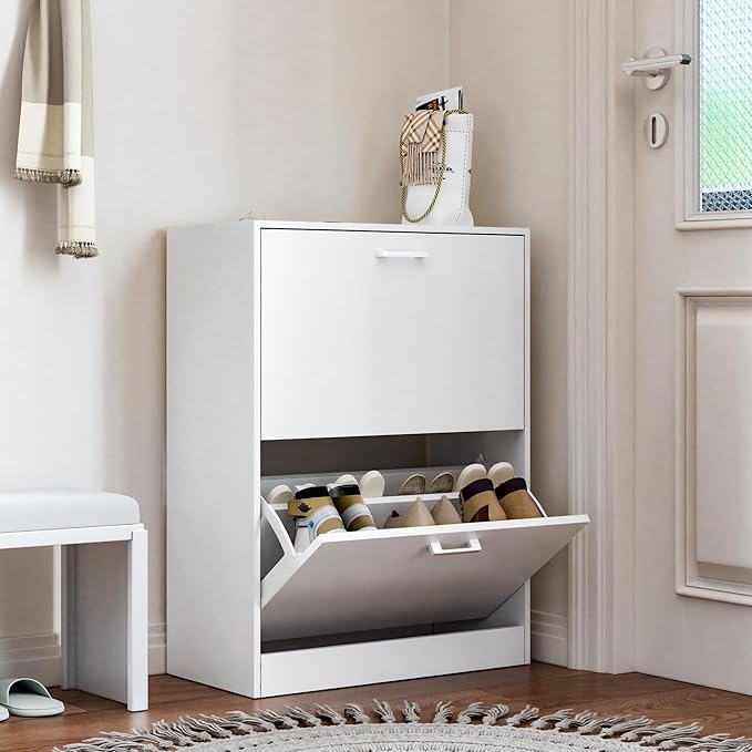 Shoe Cabinet with 2 Flip Drawers, Narrow Freestanding Shoe Organizer for Entryway,Hallway, Living Room, White