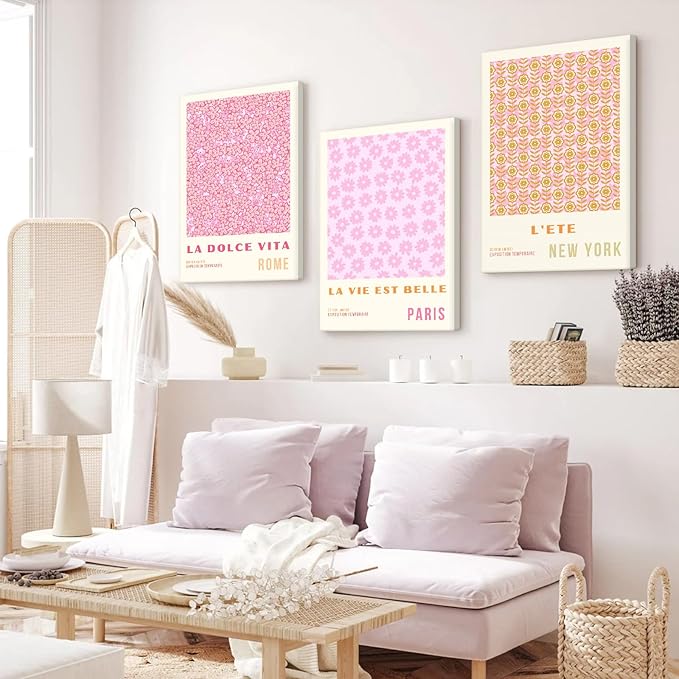 Pink Flower Market Wall Art Decor Aesthetic Abstract Canvas Floral Minimalist Wall Art Pictures Orange Floral Prints Artwork Botanical Flower Poster Colorful Painting 16x24 Inch Framed Set of 3